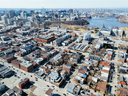 Aerial view of Ottawa and Gatineau with river, bridges and urban landscape under clear sky. g.の写真素材