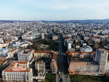 Aerial cityscape with ministry of defence area, and nearby waterfront district.