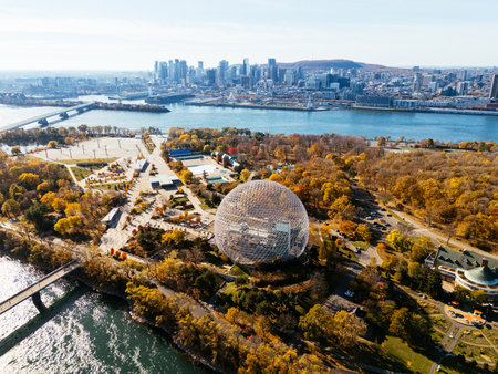 Aerial view of Montreal with Biosphere and autumn landscape over river islands. g.の写真素材