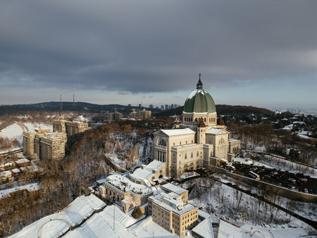 Aerial view of St. Josephs Oratory of Mount Royal at Sunset in winter. Montreal, Quebec, Canadaの写真素材