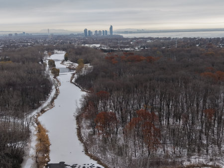 Aerial winter view of Montreal suburbs, snowy angrignon park and river near Lachine and Verdun under cloudy sky. g.の写真素材