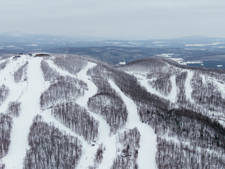 Aerial winter view of Bromont ski resort with snowy slopes, village and parking area in Quebec, Canada. g.の写真素材