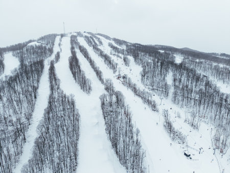 Aerial winter view of Bromont ski resort with snowy slopes, village and parking area in Quebec, Canada. g.の写真素材