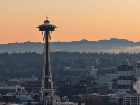 Seattle Space Needle at sunset above downtown skyline and mountains, Washington, USA. g.の写真素材