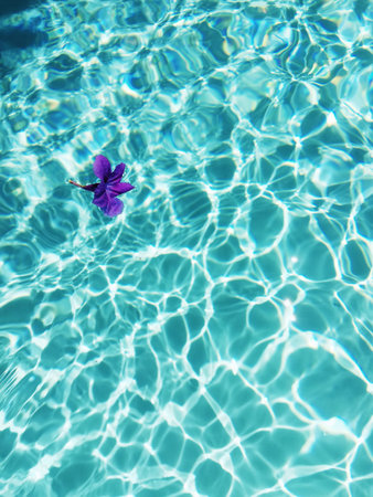 Purple flower floating on clear turquoise pool water with bright sun reflections. g.