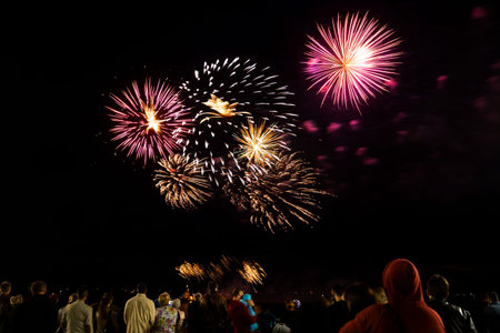 Fireworks over waterfront with crowd watching night celebration, long exposure light trails and...