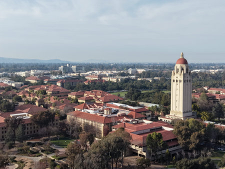 Aerial view of Stanford University campus with Hoover Tower in Palo Alto, California, USA. g.