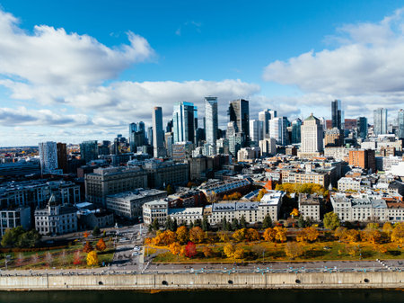 Aerial view of Montreal Old Port, downtown, historic buildings and waterfront under blue sky. g.の写真素材