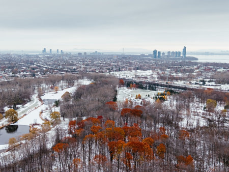 Aerial winter view of Montreal suburbs, snowy angrignon park and river near Lachine and Verdun under cloudy sky. g.の写真素材