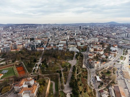 Aerial top view to Kalemegdan fortress at Belgrade. Summer photo from drone. Serbia.の写真素材