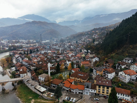 Aerial drone view of Konjic city, bridge, and river Neretva. Bosnia and Herzegovinaの写真素材