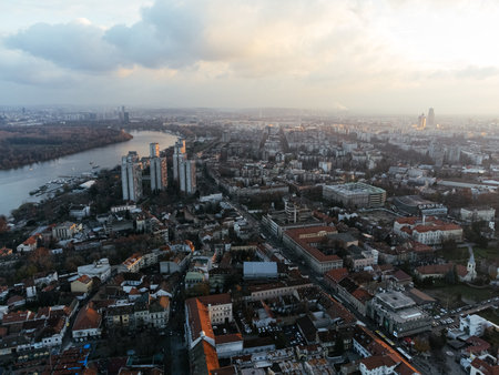Drone flight at sunset above the Zemum district, Belgrade, Serbia, Europe.の写真素材