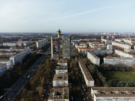 Drone view of the Genex tower, New Belgrade district, Serbia. Europe.の写真素材