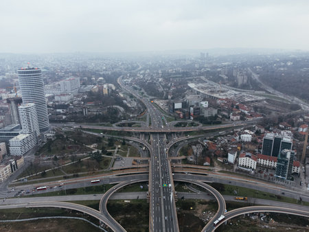 Aerial drone view of a road junction in Belgrade, Serbia, Europe