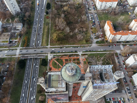 Drone view of the Genex tower, New Belgrade district, Serbia. Europe.の写真素材