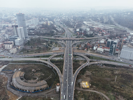 Aerial drone view of a road junction in Belgrade, Serbia, Europeの写真素材