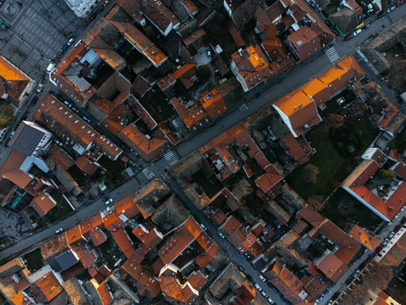 Drone flight at sunset above the Zemum district, Belgrade, Serbia, Europe.の写真素材
