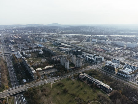 Drone view of Belgrade city, New Belgrade district.の写真素材