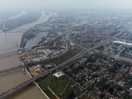 Aerial drone view of a road junction in Belgrade, Serbia, Europeの写真素材