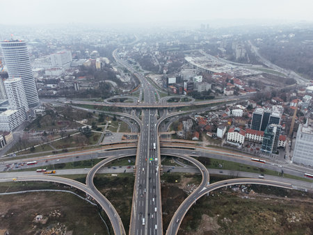 Aerial drone view of a road junction in Belgrade, Serbia, Europe