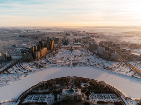 Aerial panorama of Astana city skyline in winter with snowy roads and modern architecture. g.の写真素材