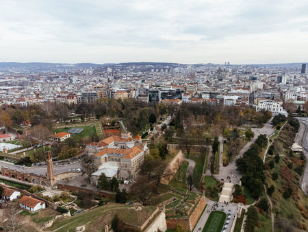 Drone view: The Belgrade city view from above the old Kalemegdan fortress, Serbia.の写真素材