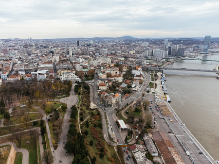 Aerial top view to Kalemegdan fortress at Belgrade. Summer photo from drone.の写真素材