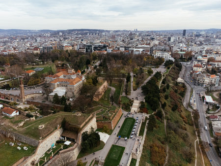 Aerial top view to Kalemegdan fortress at Belgrade. Summer photo from drone. Serbia.の写真素材