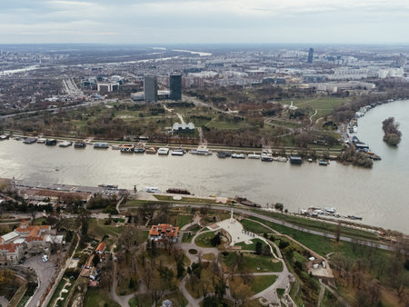 Aerial top view to Kalemegdan fortress at Belgrade. Summer photo from drone. Serbia.の写真素材