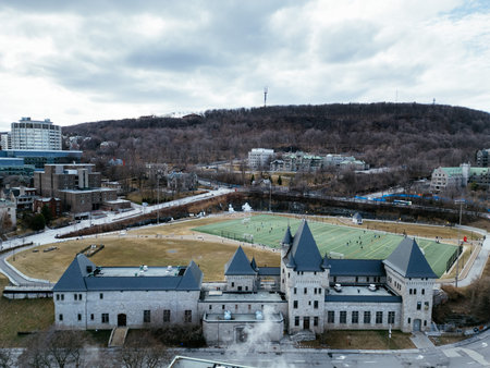 7th of September 2025 drone flight above the McGill University campus and Mount Royal in Montreal,...