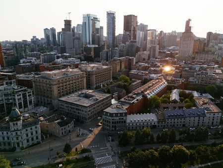 Montreal at sunset with urban skyscrapers viewed from old port.の写真素材