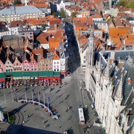 Aerial view of market square in Brugges, Belgiumの写真素材