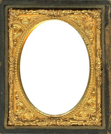 Ornate gold metal picture frame from the 1850s. This type of picture frame was used with the earliest style photos such as Daguerreotypes, Ambrotypes and Tintypes.  They were in popular use from the 1840's-1860s (Victorian Era).  Image contains Clipping Pの写真素材