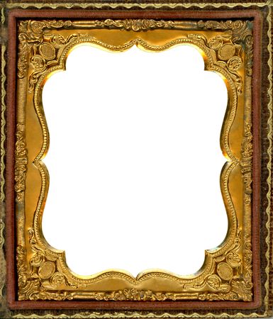 Ornate gold metal picture frame from the 1850s. This type of frame was used to house early style photos such as Daguerreotypes, ambrotypes and tintypes, in popular use from the 1840's-1860s. Image contains Clipping Path for easy insertion of your own imagの写真素材