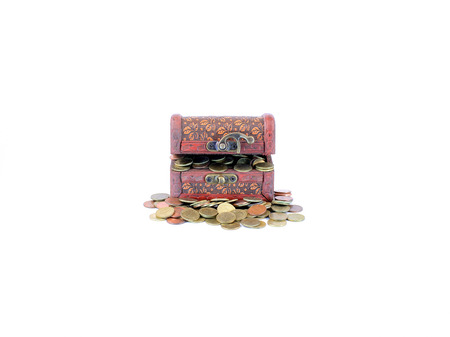 wooden treasure chest with gold coins isolate on white background