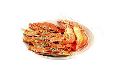 Hot steamed red crab and lobster on ceramic dishの写真素材