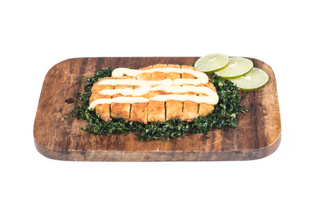 Fied crispy chicken with sauce isolate on white backgroundの写真素材