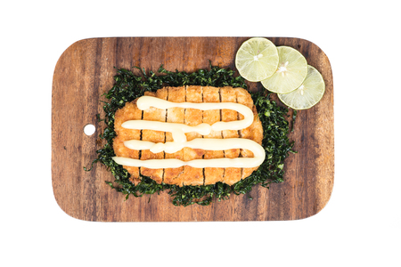 Fied crispy chicken with sauce isolate on white backgroundの写真素材