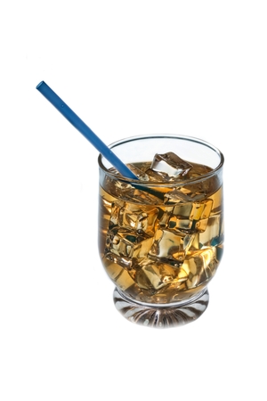 Cocktail and ice with blue drinking straw isolated on white.の写真素材