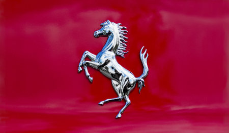 Ulm, Germany-march 4, 2014: Close up of ferrari horse logo on red car in Ulm.のeditorial素材