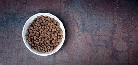 Bowl with dry food for pets on weathered background. Panoramic image with copy space.