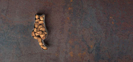 Cat shaped dry food on grunge background. Panoramic image with copyspace.の写真素材
