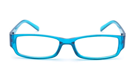 Transparent blue eye glasses. Front view isolated on white background.