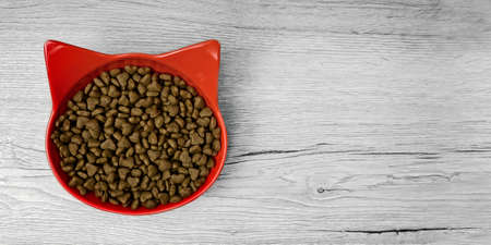 Red cat shaped bowl filled with dry pet food on wooden background. Panoramic image with copy space.の写真素材