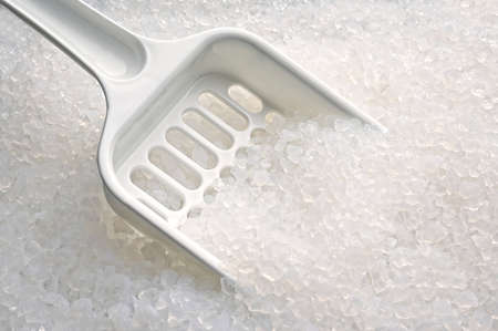 Close-up of silica gel filler and scoop in a cat litter box.の写真素材