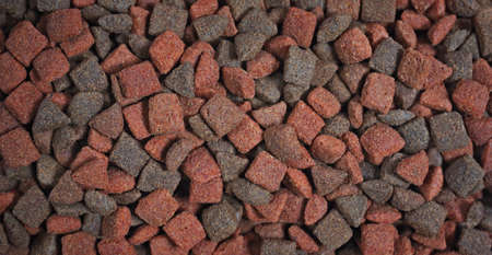 Dry food for cats and dogs. Pet meal panoramic background texture.
