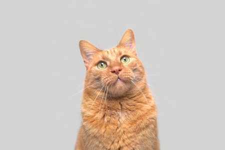 Half body portrait of funny red cat on gray background.の写真素材