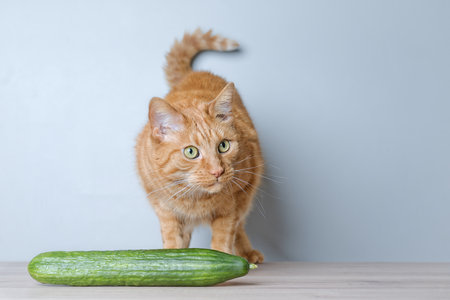 Cute red cat stands behind cucumber and looks irritated away.の写真素材
