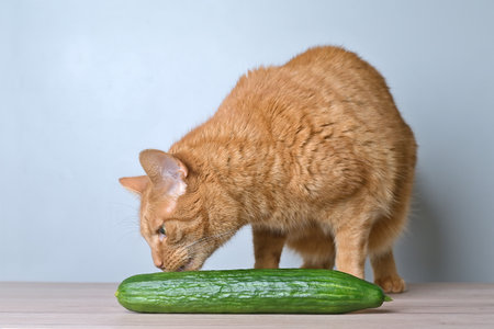 Funny gigner cat sniffs at a cucumber on the table.の写真素材