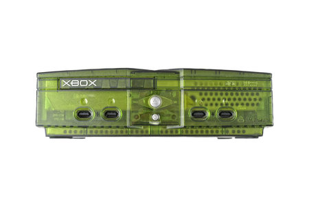 Neu-Ulm, Germany - September, 19, 2023: Microsoft XBOX first generation, green game console. Front view, isolated on a white.のeditorial素材